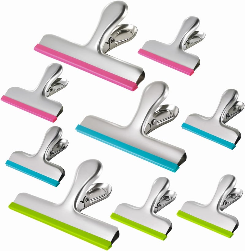 HOUSE AGAIN 9 Pack Stainless Steel Chip Bag Clips Covered with Silicone - NO More Sharp Edges - Color Coded for Upgrade Wide Open Food Bags, Heavy Duty for Kitchen and Office, (3 x L, 6 x S) - Image 1